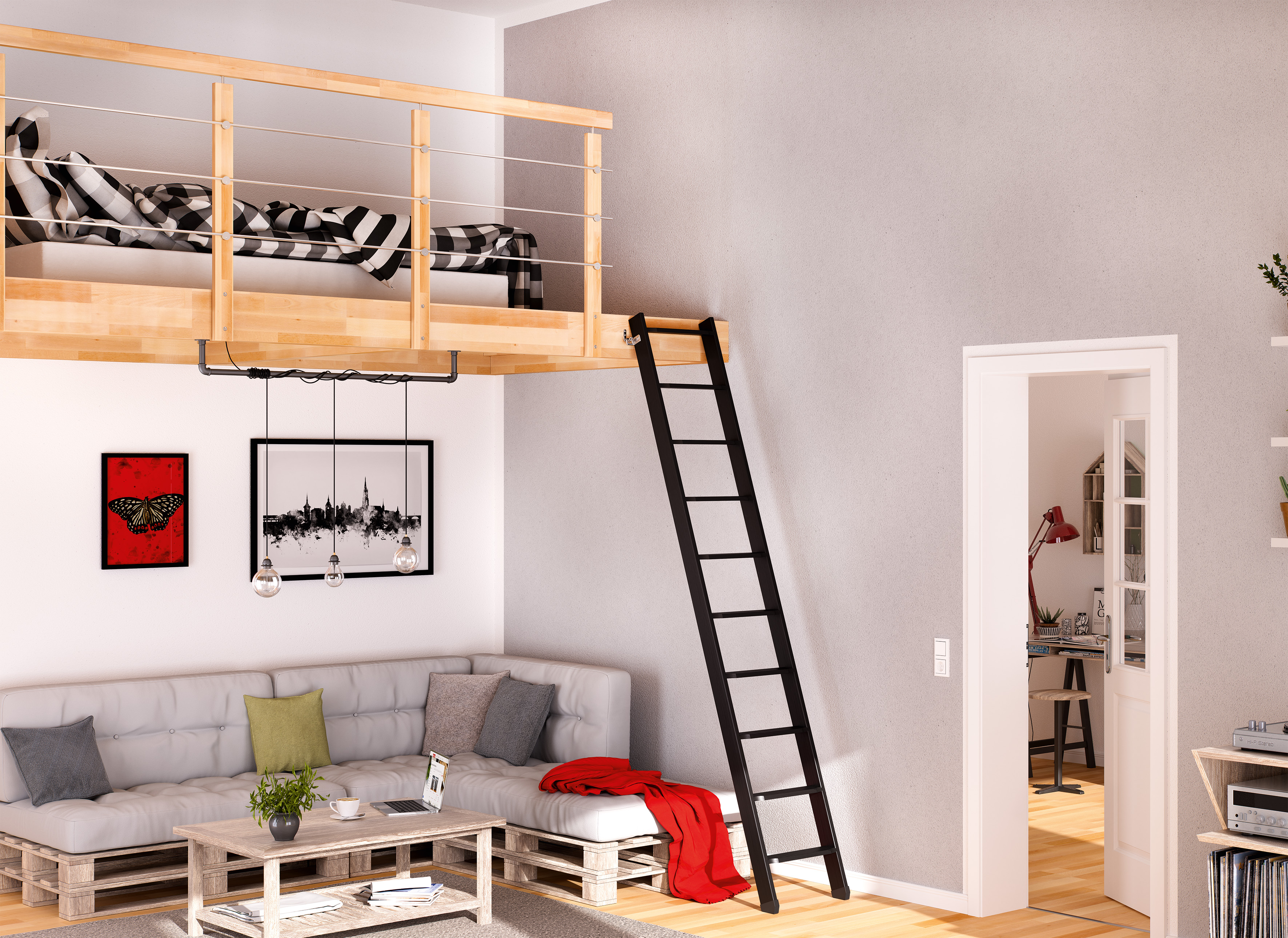 Black Mezzanine ladder at loft bed  