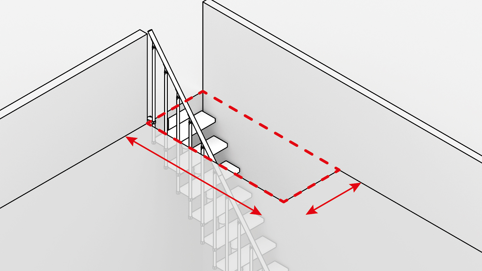 Diagramme d'un escalier avec des flèches rouges et des lignes pointillées indiquant les dimensions de dégagement et de palier en haut de l'escalier.